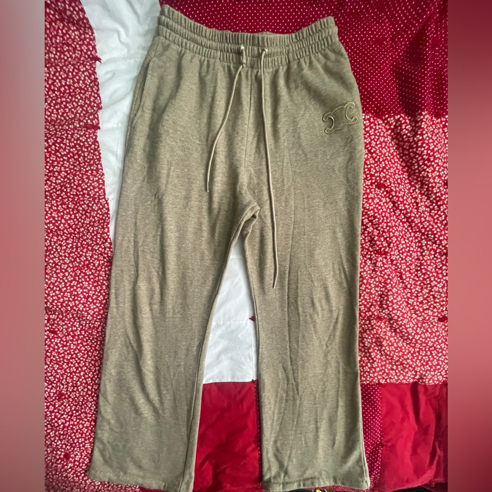 CELINE Triomphe Beige 100% Cotton Casual Drawstring Pants in Oatmeal -Ladies L